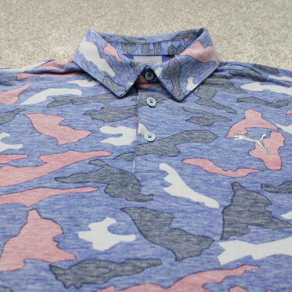Puma Polo Shirt Mens Medium Pink/Blue Camo Reverse Print Golf S/S Pullover - Picture 4 of 14